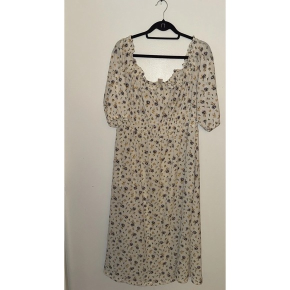 H&M Womens Casual Dress Sz XL White Floral Print Off Shoulder 1/3Balloon Sleeve - Picture 2 of 11